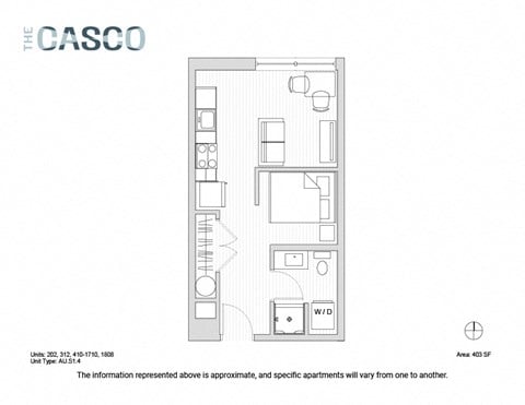 Floor plan for studio, 1 bath, 403 sqft